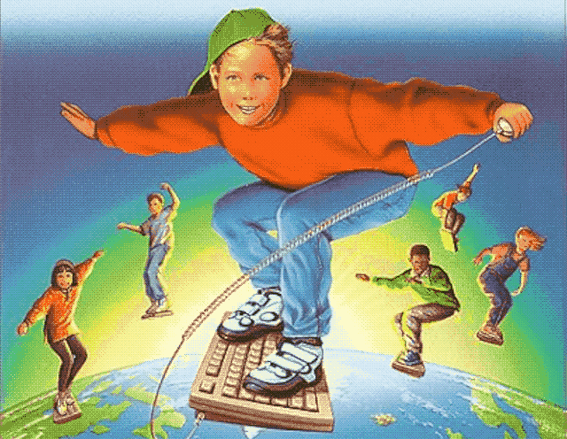 A charmingly corny illustration of a white kid in a crewneck sweatshirt and Velcro shoes literally surfing on a beige keyboard above the Earth. Behind him in formation are several other, more diverse, children on their own keyboards.