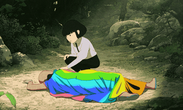 Still from an animated movie of a girl with black hair dressed in a school uniform hunched concernedly over a boy lying on the ground wearing a rainbow cape.