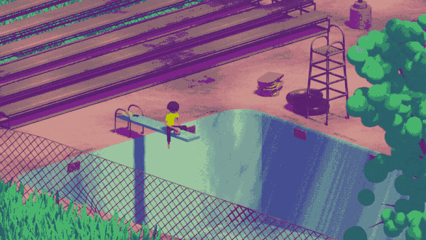 A screenshot from the film. A teenage boy sits pensively on the diving board over an empty public pool, rendered in a cartoonish Blender style.