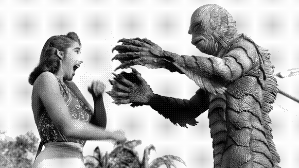 Black-and-white still of that classic frog/fish guy about to attack a 50s-style babe