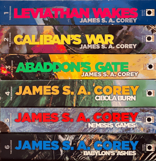 The spines of the first six Expanse books