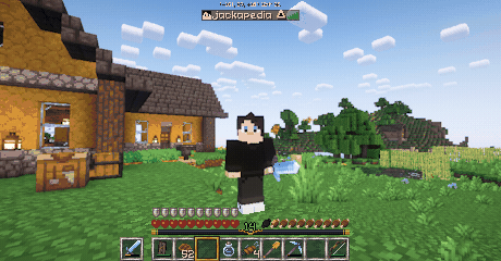 Screenshot of the Good-Time Party Minecraft Server: my Minecraft guy is looking at the camera in front of my little house. At the top, you can see that my ping is excellent.