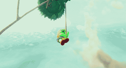 Screenshot from the game PEAK. A round green boy in a scouting uniform dangles from a tall, skinny tree by a length of rope