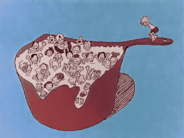 A still from the 'Melting Pot' short from Schoolhouse Rock. A bunch of cartoon people swimming in a big saucepan of water.