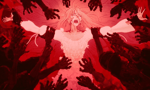 Still of an anime woman in a fancy Renaissance dress surrounded by scary undead arms