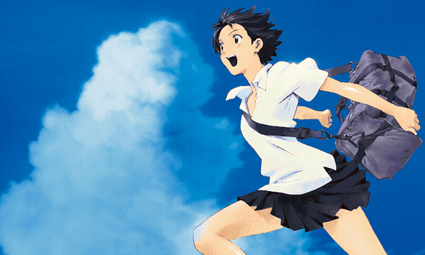 Shot of an anime girl jumping through the air in front of a big cloud