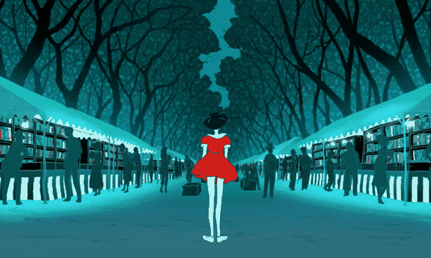 Still from an anime movie of a girl in a bright red dress turned away from the camera toward a flea market shaded in green and blue.