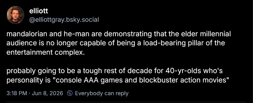 Post from @elliottgray on Bluesky: mandalorian and he-man are demonstrating that the elder millennial audience is no longer capable of being a load-bearing pillar of the entertainment complex. probably going to be a tough rest of decade for 40-yr-olds who's personality is 'console AAA games and blockbuster action movies'
